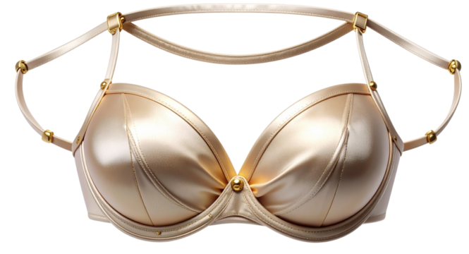 Premium Satin Bra Front View with Glossy Finish and Gold Hardware, Transparent Background