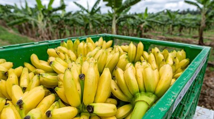 Vintage cart overflowing with yellow bananas placed in a tropical banana plantation with palm trees and sunlight 