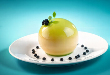 Green Glazed Mousse Dessert with Berries on White Plate