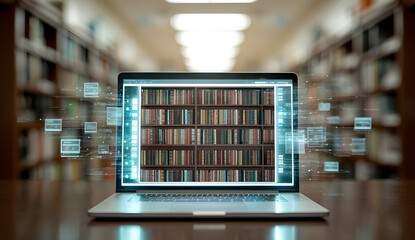 A laptop displays bookshelves with digital line graphics in front on a dark desk in a blurred library setting