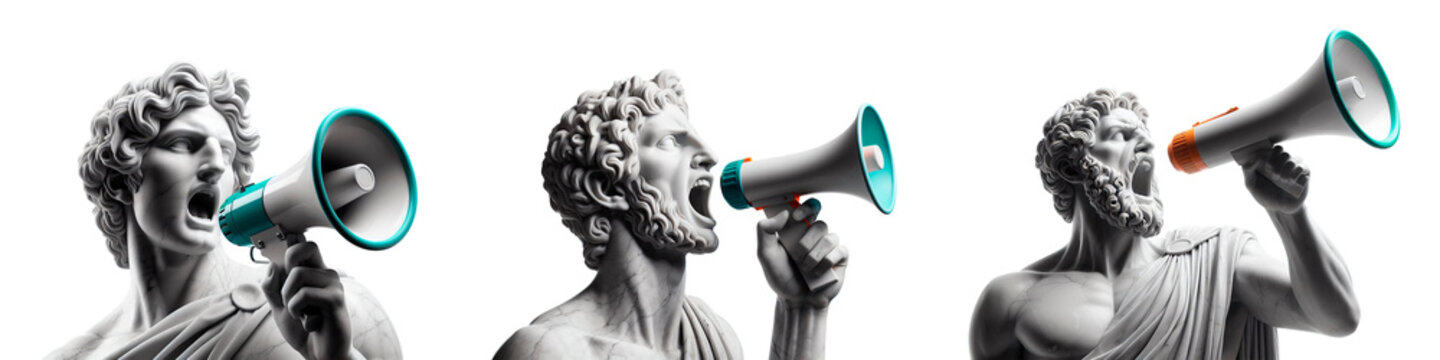 Greek ancient marble statues holding colorful megaphones and shouting