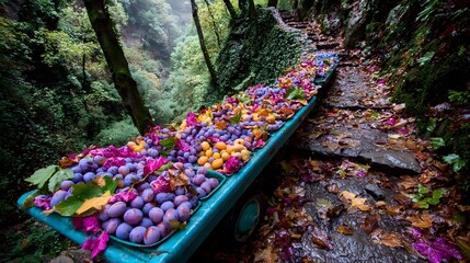 Vintage produce wagon with plums on a misty hillside orchard path 