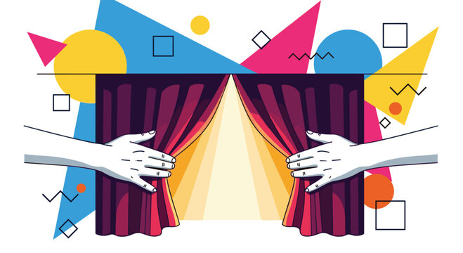 Unveil the future as hands open vibrant curtains revealing bright spotlight and dynamic abstract shapes