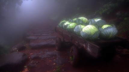 Vintage wooden cart loaded with cabbages placed on the edge of a foggy cabbage field 