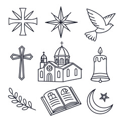 Christian religious symbols including crosses, angels, doves, a praying woman, and a sacred heart.