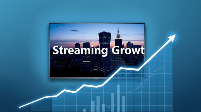 Streaming growth concept with a television displaying a city skyline and a rising graph television