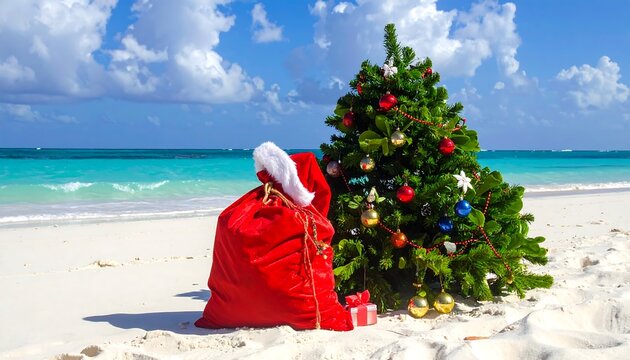 A decorated evergreen tree and a red sack sit on a sandy beach beside the turquoise ocean under a blue sky with clouds
