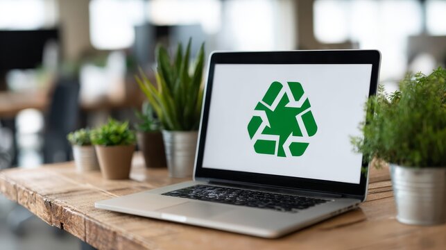Modern office workspace featuring a laptop with a green sustainability icon on the screen, surrounded by lush indoor plants, warm wooden desk, and ample natural light for ecoconscious work environmen - Powered by Adobe