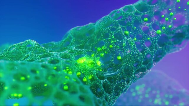 Nanoporous material structure with green particles, scientific microscopic close-up video footage