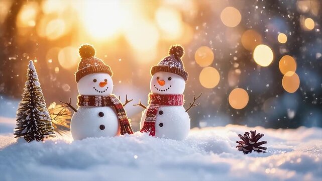 かわいい雪だるまと降る雪