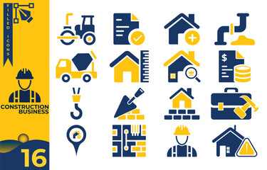 Construction business icons set featuring tools, vehicles, workers, documents, and infrastructure elements in blue and yellow theme