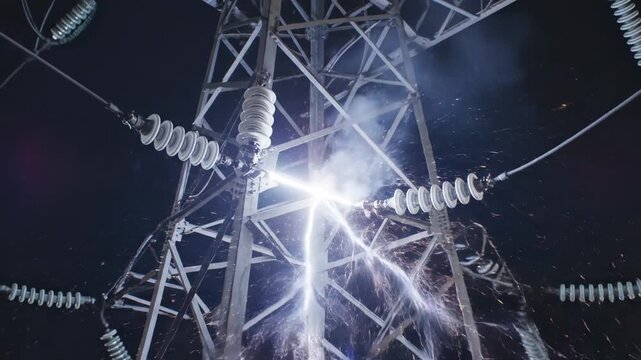 High Voltage Electricity Arc Flash on Power Line Tower at Night.