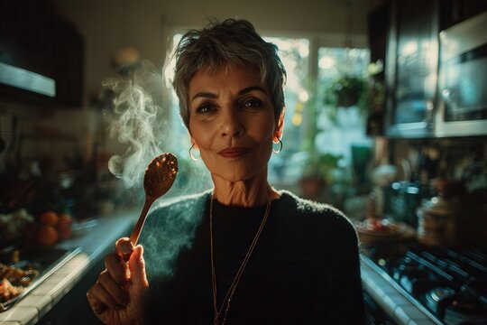 Brazilian cook tasting sauce with wooden spoon and steam - Powered by Adobe