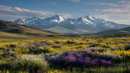 Fototapeta premium Rolling meadows filled with wildflowers, backed by snow-capped peaks glowing in the morning light 