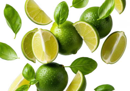 Fresh lime slices and whole limes with green leaves for refreshing beverages and culinary uses transparent background