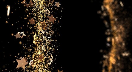 Stunning golden stars cascading down on a black backdrop perfect for holiday backgrounds, celebrations, and festive occasion