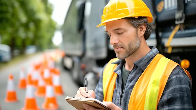 Man in protective vest inspects semi-truck trailer reversing, inspector holds notebook, road safety, logistic transportation concept, hard hat, glasses, traffic cones, safety, cont