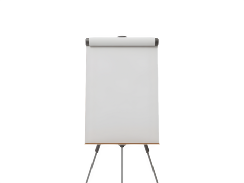 Blank flip chart easel with white paper, isolated on transparent background