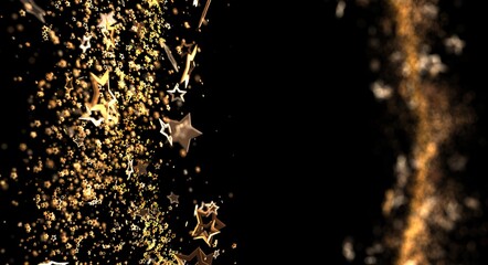 Elegant image of gold stars glittering and falling against a dark backdrop. Ideal for festive designs, celebrations, and lux