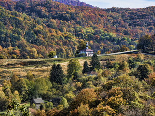 Beautiful colorful autumn scenery along the Piva River. Montenegro
