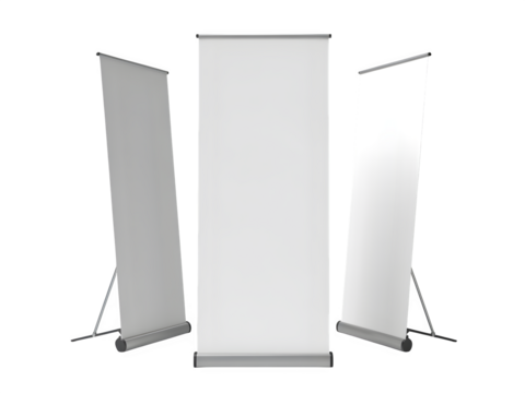 Three blank roll up banner stands with metal frames, isolated on transparent background