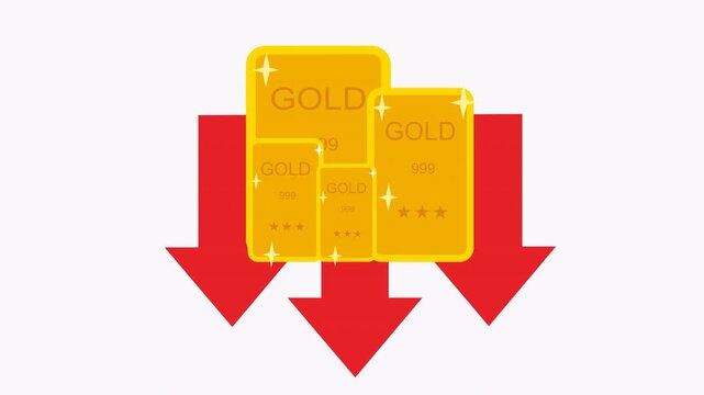 Gold bars and red arrows pointing downward suggesting lower prices. Gold bars and red arrows indicate falling prices perfect for financial concepts, investment portfolios, economic. 