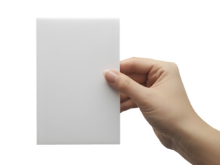 Hand holding a blank white card, isolated on transparent background