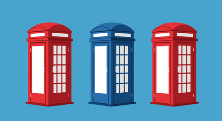 Obraz premium Iconic British red and blue phone booths stand in a row against a vibrant blue backdrop, representing travel and communication