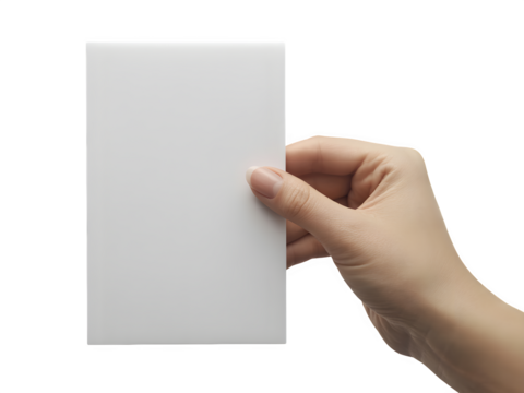 Hand holding a blank white card, isolated on transparent background
