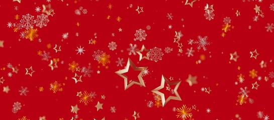 Christmas background with golden stars and snowflakes on red. Perfect for holiday greetings and celebrations. © vegefox.com
