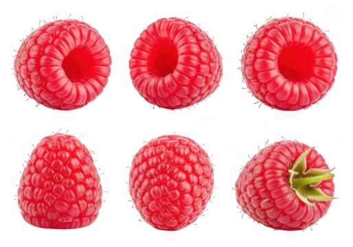 Six bright red raspberries displayed individually with vibrant detail and natural texture transparent background