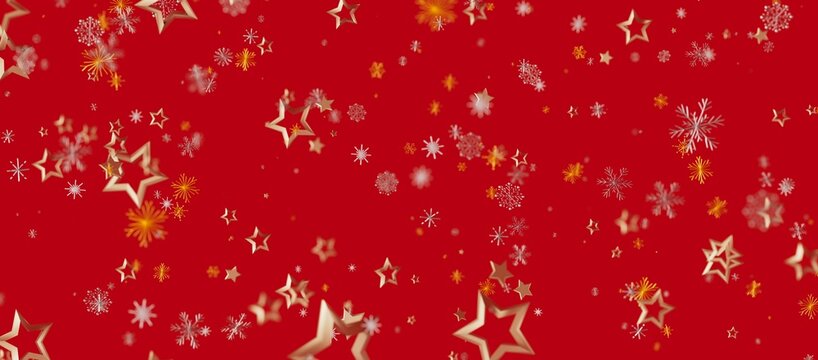Christmas background with golden stars and snowflakes on a vibrant red background, perfect for holiday greetings and festive