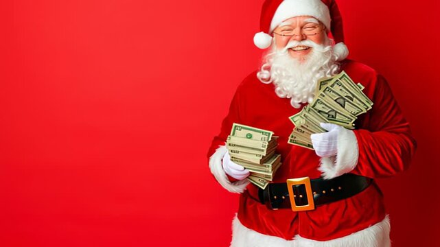 Joyful Santa Claus counting money against a festive red background