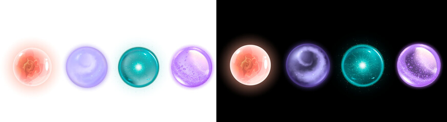 PNG image of Colorful magical orbs showcase fantasy elements and glowing effects against a creating a mystical and enchanting atmosphere for game design on transparent background