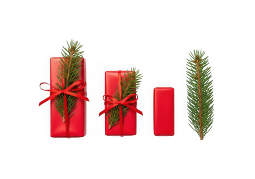 Red gift boxes  a fir branch isolated on transparent background - Powered by Adobe