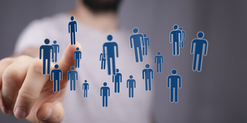 Concept of teamwork, diversity and inclusion, with floating people. Symbolizes community, online...