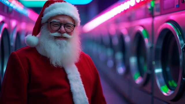 Santa Claus with glasses in a red suit stands in a neon-lit laundromat beside a row of washing machines. Concept Santa in neon-lit laundromat, quirky Christmas scene, glasses-wearing Santa