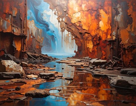 A distressed structure opens to a serene ocean scene. Weathered walls in fiery hues surround a reflective pool