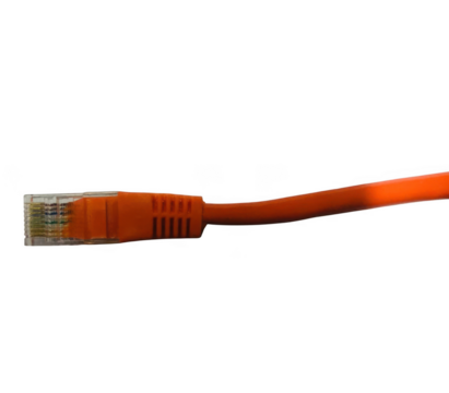 Close up view of a single orange ethernet cable with connector