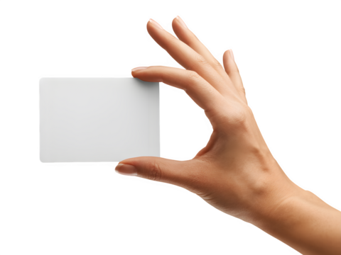 Hand holding a blank white card isolated on transparent background