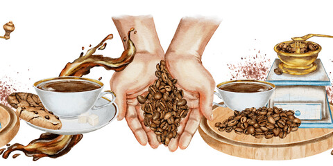 Watercolor seamless border with coffee cups, cookies, coffee splash, hands holding beans, grinder, and wooden boards. Illustration for cafe branding, packaging, menu decor and coffee shop advertising.