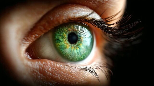 Extreme macro shot of human eye, detailed green iris with golden specks, black pupil, sharp focus on iris, eyelashes, skin texture visible, dark background enhances eye detail, mac