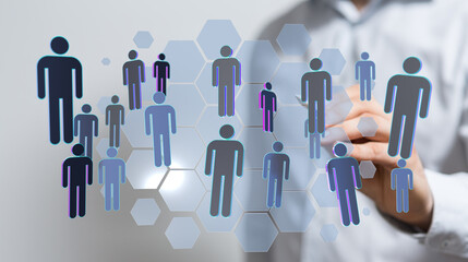 Abstract design with figures representing people and a digital network, with hexagonal shapes as a background,