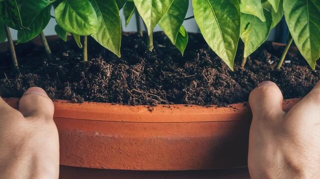 Hands Planting Young Green Seedlings in a Flower Pot with Dark Soil in a Bright Indoor Garden