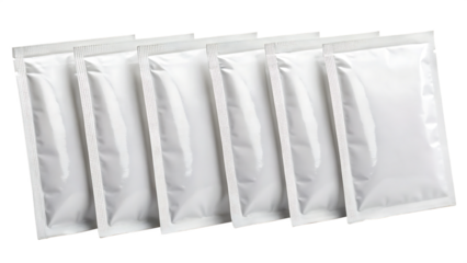 Set of six blank white food or cosmetic sachet mockups cut out on PNG. AI GENERATED.
