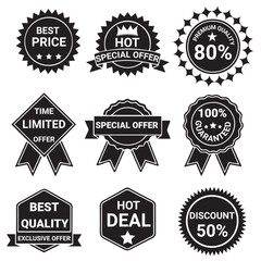 Black Premium Sale Badges Set, Best Price Label Collection, Hot Deal Icons, Discount Tags, Special Offer Stickers, Quality Guarantee Emblems, Marketing Promotion Elements for Online Store, Sale Vector