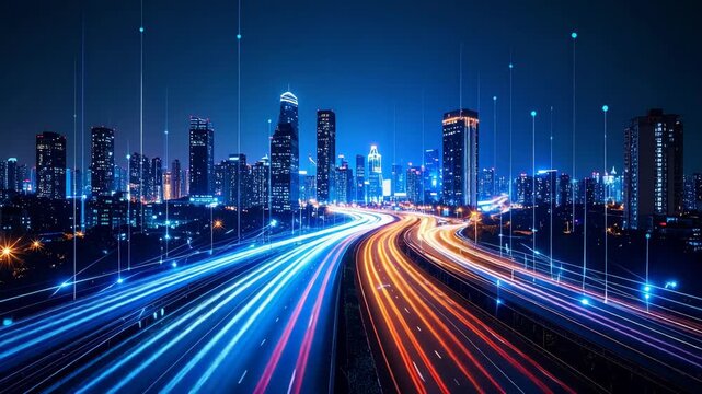 Illuminated cityscape with light trails from traffic on highway and digital connections at night, depicting technological advancement - Powered by Adobe