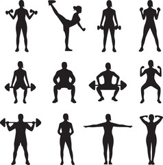 Silhouettes of women and men exercising with weights and barbells Keywords: fitness, exercise