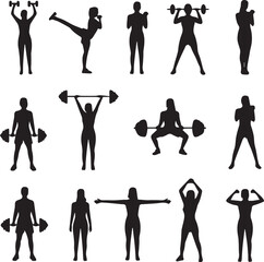 Silhouettes of women performing various weightlifting and fitness exercises Keywords: fitness