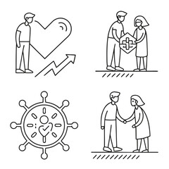 Set of line style web icons depicting relationships, support, community engagement, love, teamwork, cooperation, handshake, social connection, care, and unity vector illustration